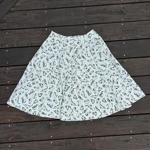 Eva Rose White w/ Black Cat Graphics Print Midi Skater Skirt Full Skirt Size M