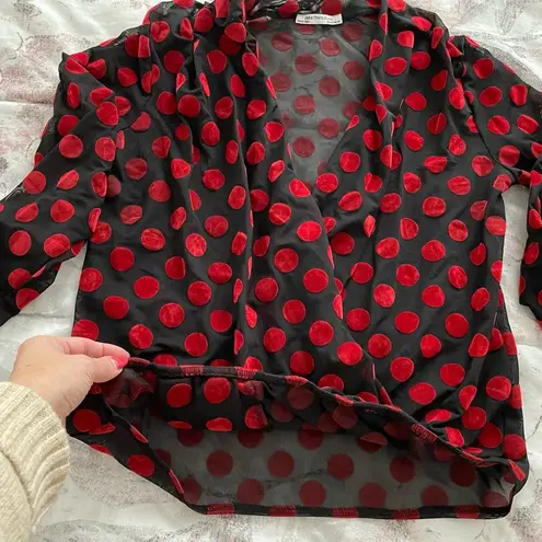 ZARA  Trafaluc red dots black sheer open front boho long sleeve blouse, size S