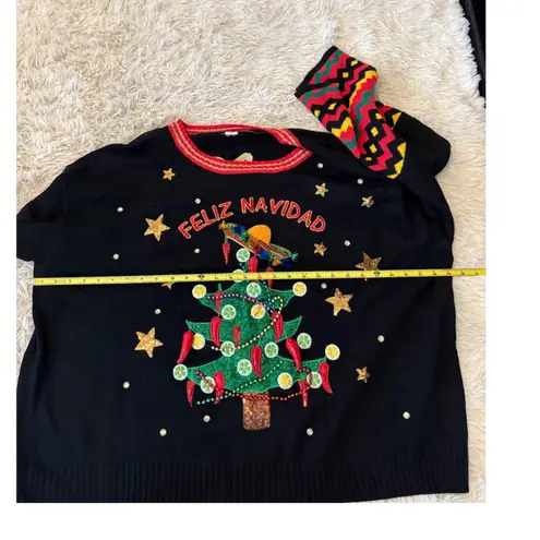 Ugly Christmas Sweater Feliz Navidad Mexican Tree Sombrero Chili Peppers 2X Green Size XXL