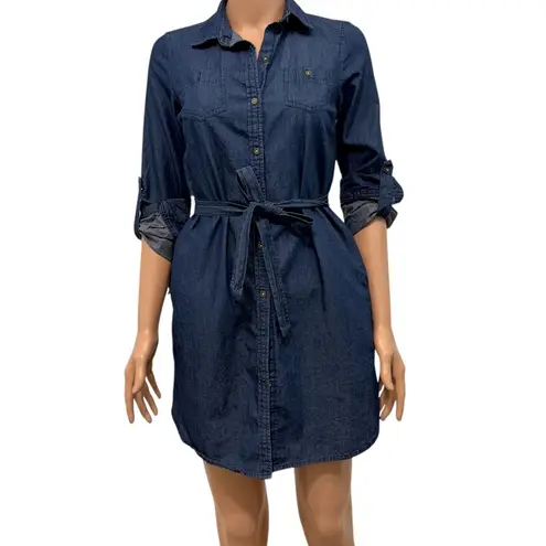 Maison Jules XS belted chambray button front shirt dress D2 2336