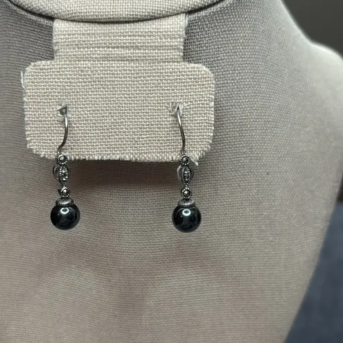 Artisan Metallic Hematite Drop Earrings with Sparkling Marcasite Accents