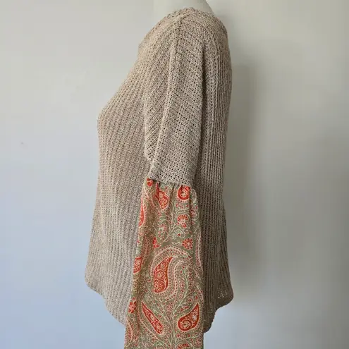 Rods Prim & Proper Beige Paisley Contrast Chiffon Sleeve Sweater Size Small Tan