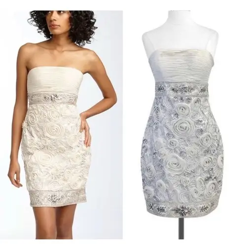 Sue Wong Silver Strapless Silk Blend Beaded Cocktail Dress Size 4