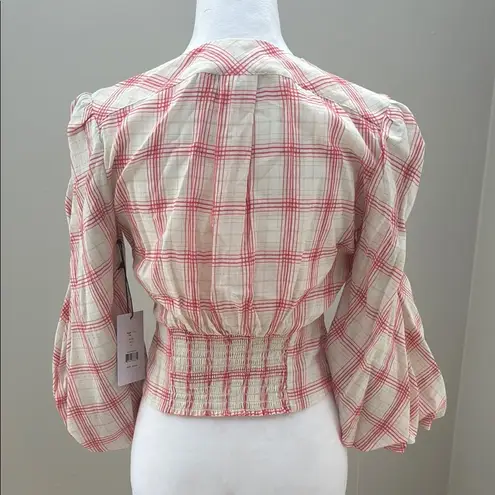 Bailey 44 Abigail Pink and Cream v-neck button front puff sleeve blouse top NWT