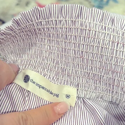 The Impeccable Pig STRIPED OFF THE SHOULDER RUFFLED SLEEVE SMOCKED BLOUSE TOP M