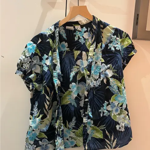 Caribbean Joe Vintage 100% cotton tropical cap sleeve button up, size S petite