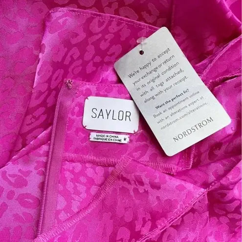 Saylor NWT  Satin Jacquard Midi Dress Magenta Pink Leopard Drapey Size Medium NEW