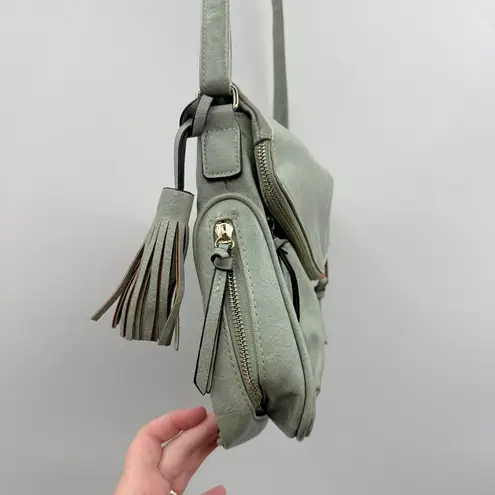 Sage Green Faux Leather Crossbody Bag Women’s Adjustable Strap Tassel Pocket