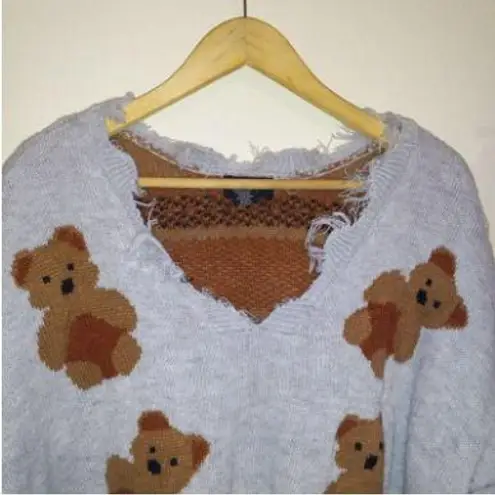 Just Polly Frayed Teddy Bear Sweater-Large-Cropped-Relaxed Fit-Factory Destroyed