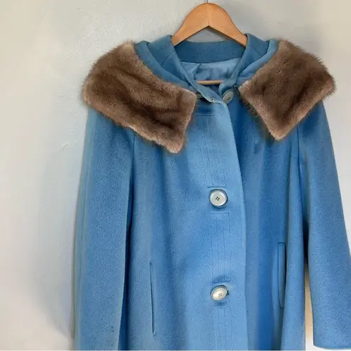 Vintage Crestmoor Wool Norwegian Fox Fur Collar Pea Coat 50s 60's Blue Size M