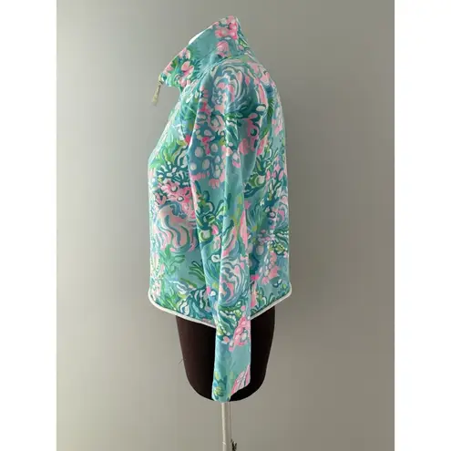 Lilly Pulitzer  Ronan Crop Popover Top Size M Blue Floral 1/2 Zip Long Sleeve