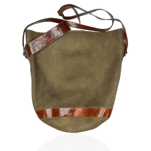 Furla Soft Italian Suede Large Hobo Bag Brown Croc Embossed Leather Trim Buckle