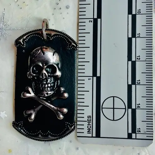 Power Line Sterling Silver & Leather Skull Dog Tag