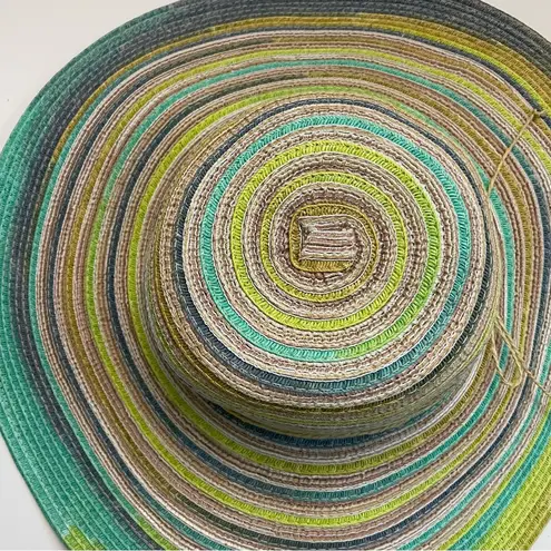 Panama Jack Hat Sun Straw Paper Wide Brim Beach Travel Striped Green Yellow Grey