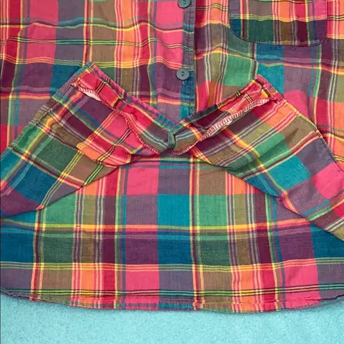 SUN STREAK plaid short sleeve button up multi color cotton camp shirt size S Pink