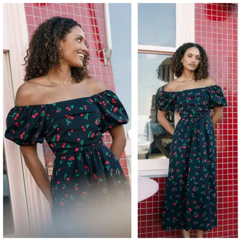 Petal & Pup Chlo Cherry Print Puff Sleeve Midi Dress Size Large Smocked Retro Black