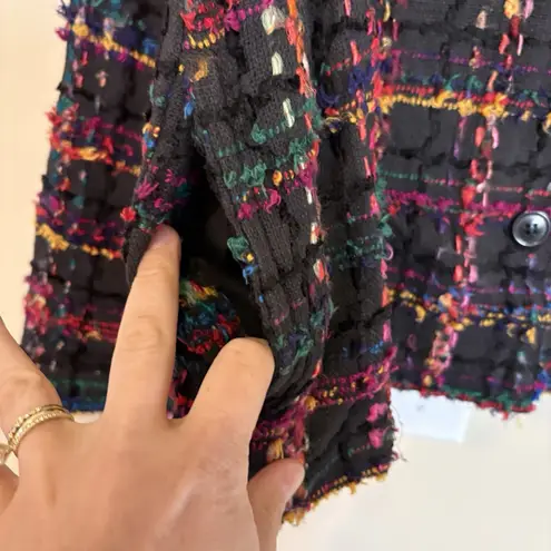 VINTAGE 80s Silver Stream 100% COTTON Jacket Large Black Colorful Tweed Fringe