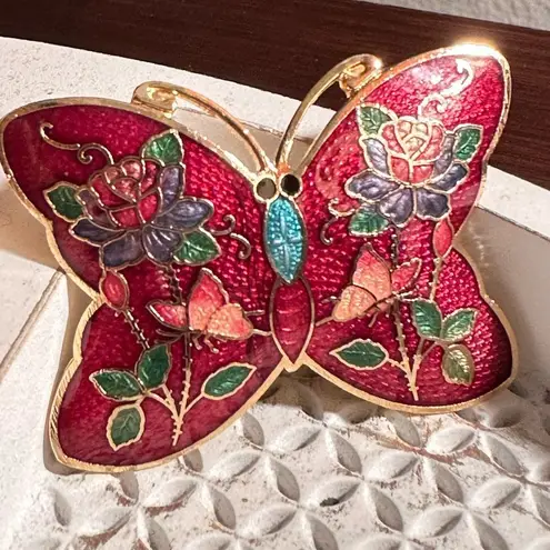 EUC Cloisonné Butterfly Belt Buckle Red