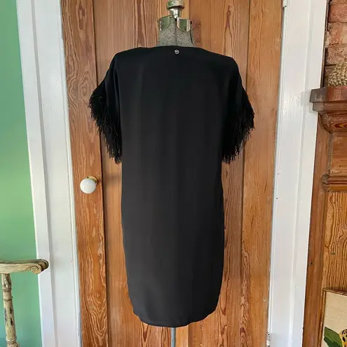 Marie Oliver Black Silk Feather Fringe Sleeve V-Neck Mini Shirt Dress - Sz XS