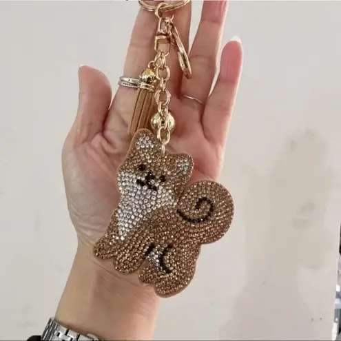 Brown Cat Felt Sparkling Tassel Keychain with Rhinestones ~NEW~