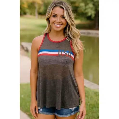 Modern Lux Women’s XL Gray USA Tank Top Red White Blue Stripes Sleeveless