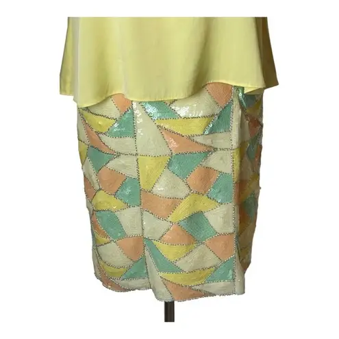 Ali Ro Yellow Silk Tank Overlay Geometric Sequins Skirt Mini Dress Size 4
