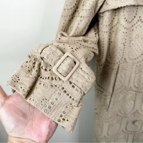 Farm Rio Pineapple Eyelet Trench Coat Womens XS Tan Khaki Cotton Button Front