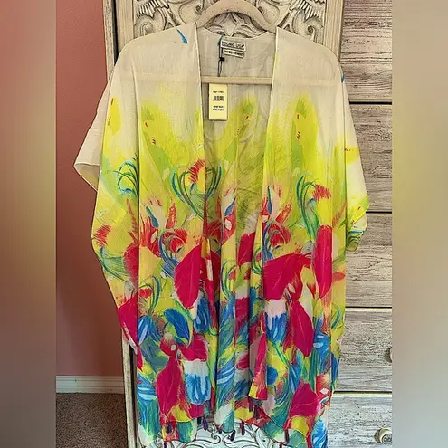 Art to wear kimono style colorful feather pattern cover up with tassels one size Size undefined