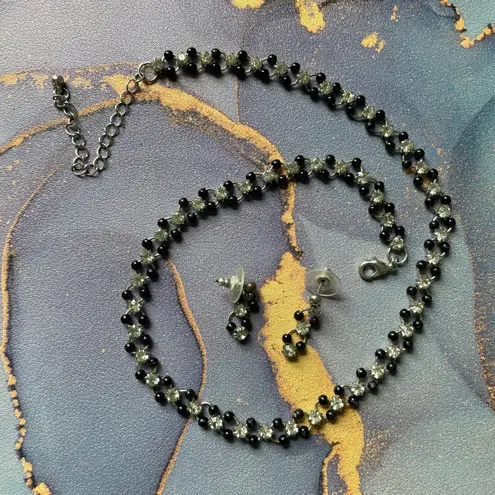 Sparkly Black Crystal Rhinestone Necklace & Earrings Set Matching Event Demure