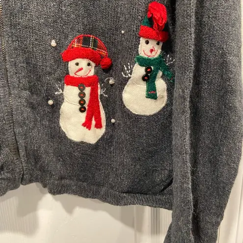 VTG Curve Size 1X Gray Embellished Cotton Ramie Snowman Full Zip Cardigan