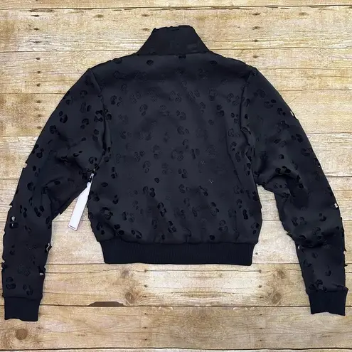 Good American NWT  Laser Cut Scuba Cropped Jacket Black Leopard Mesh Full Zip
