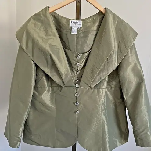 Y2K Sundays by Nubiano Olive Satin Blazer 16 Rhinestone Buttons Bow Back Green