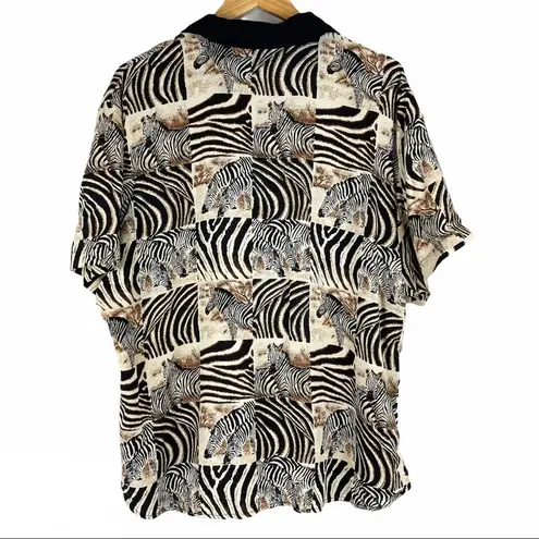 Vintage Zebra Animal Print Button Down Top Black Size L