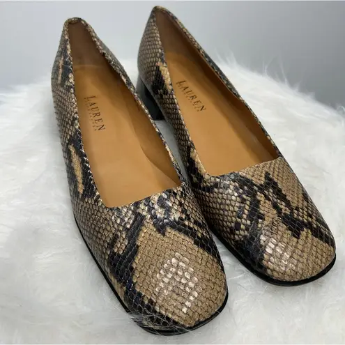 LAUREN RALPH LAUREN Snakeskin Leather Slip On Low Heel Pumps Tan Size 8.5