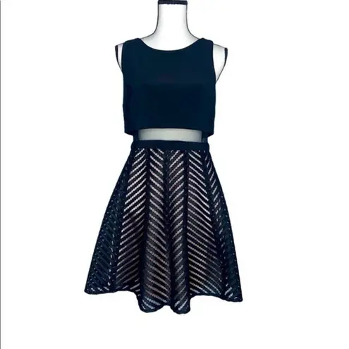 Betsy and Adam Betsey & Adam Black Tan Chevron Stripe Semi Sheer Waist Fit & Flare Dress