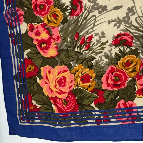 Perry Ellis Vintage Scarf Wool Floral Square Retro Roses FLAWS Pink Blue Border