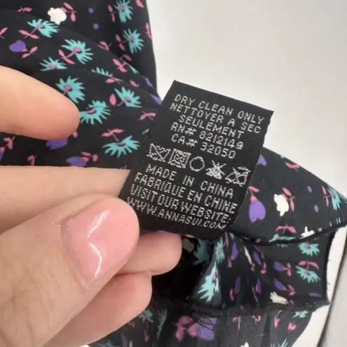 Anna Sui Anthropologie x Silk Blend Floral Dress Stripe Trim Sz 8 Black Colorful
