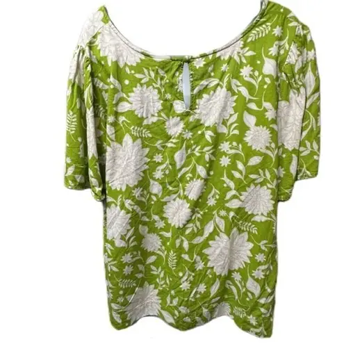 Ava & Viv Lime Green White Floral Linen Blend Rayon Blouse