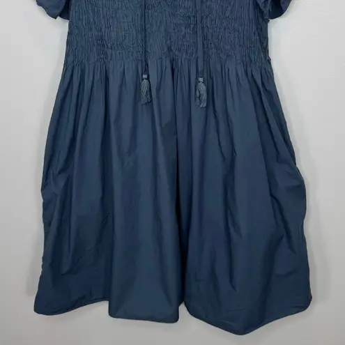 Sea New York Rene Tunic Dress 8 Slate Smocked Ruffle Sleeve Boho Casual Chic Blue