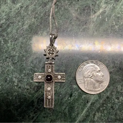 Sterling Silver Gothic Sunburst Top Cross Pendant Necklace Hinge 22” VTG garnet