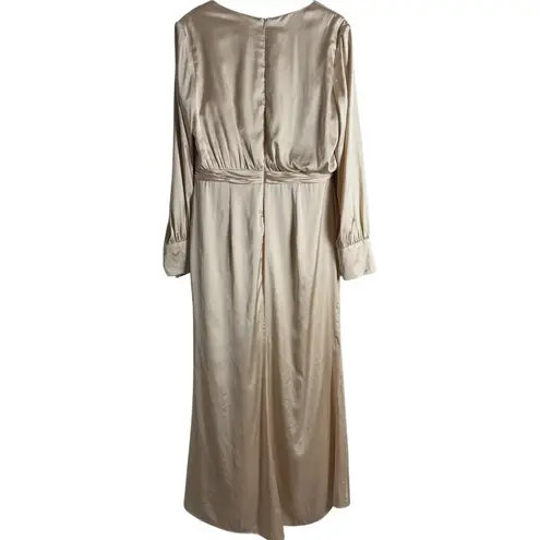 Mac Duggal Champagne Gold Long Sleeve Faux Wrap Slit Satin Evening Gown Size 12