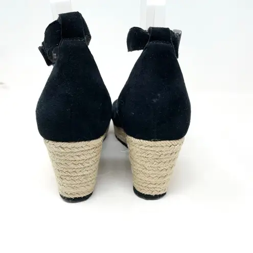 Aetrex Miley Black Suede Perforated Espadrille Wedge Ankle Strap Sandals Shoes 7