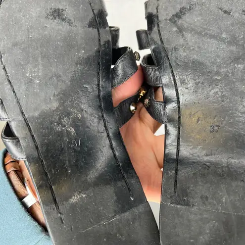 Ioannis Black Leather Gladiator Sandals Studded Wood Beads Slide