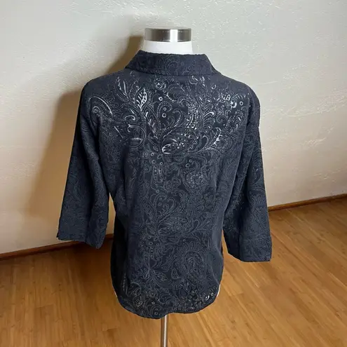 American Vintage Y2k Sheer Black Paisley Print 3/4 Sleeve Button Down Top Womens Small