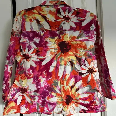Mirror Image Bright Watercolor Floral Artsy Jacket 3/4 Sleeve Painted Flowers XL Orange