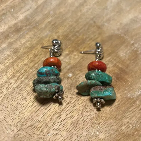 Sterling Silver Turquoise & Coral Stone 925 Dangle Earrings