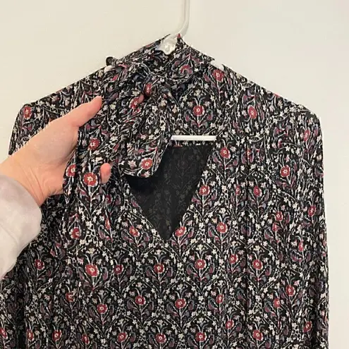 Joie Jamira Dress Black Blue Red Floral Tie Neck Bow Asym Ruffle SILK Mini