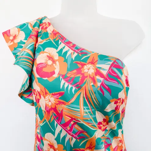 NWT Maree Maree One Shoulder Floral Print Ruffle Swimsuit US 8 Tropical Resort Green