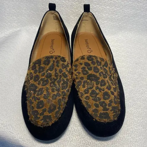 Baretraps Elliana Black Faux Suede Fuzzy Leopard Print Flats women sz 6.5 M