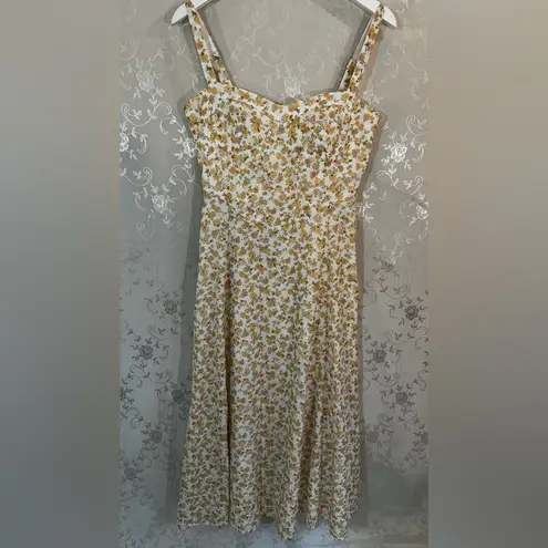 Moon River Cream Yellow Floral Print Lace Corset Midi Dress Small Brunch Girly